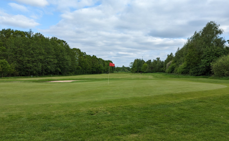 Ein Green mit Fahne auf einem Golfplatz